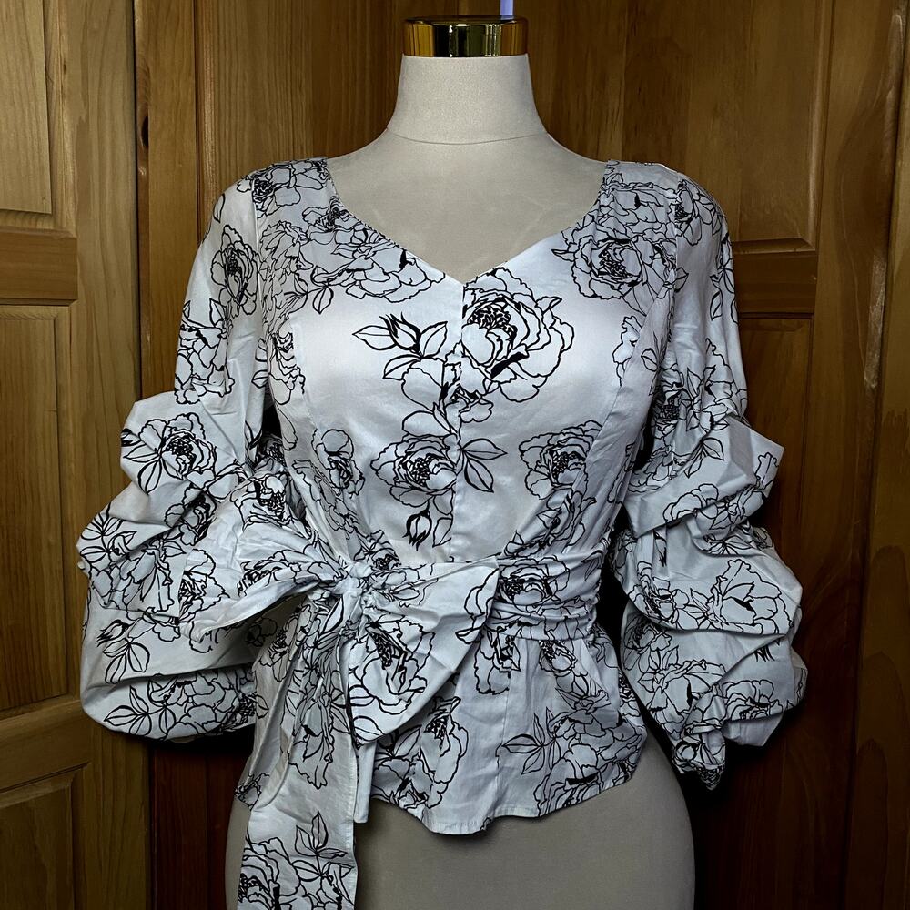 Romantic Coquette Black & White Floral Maximalist Statement Sleeve Dreamy Blouse